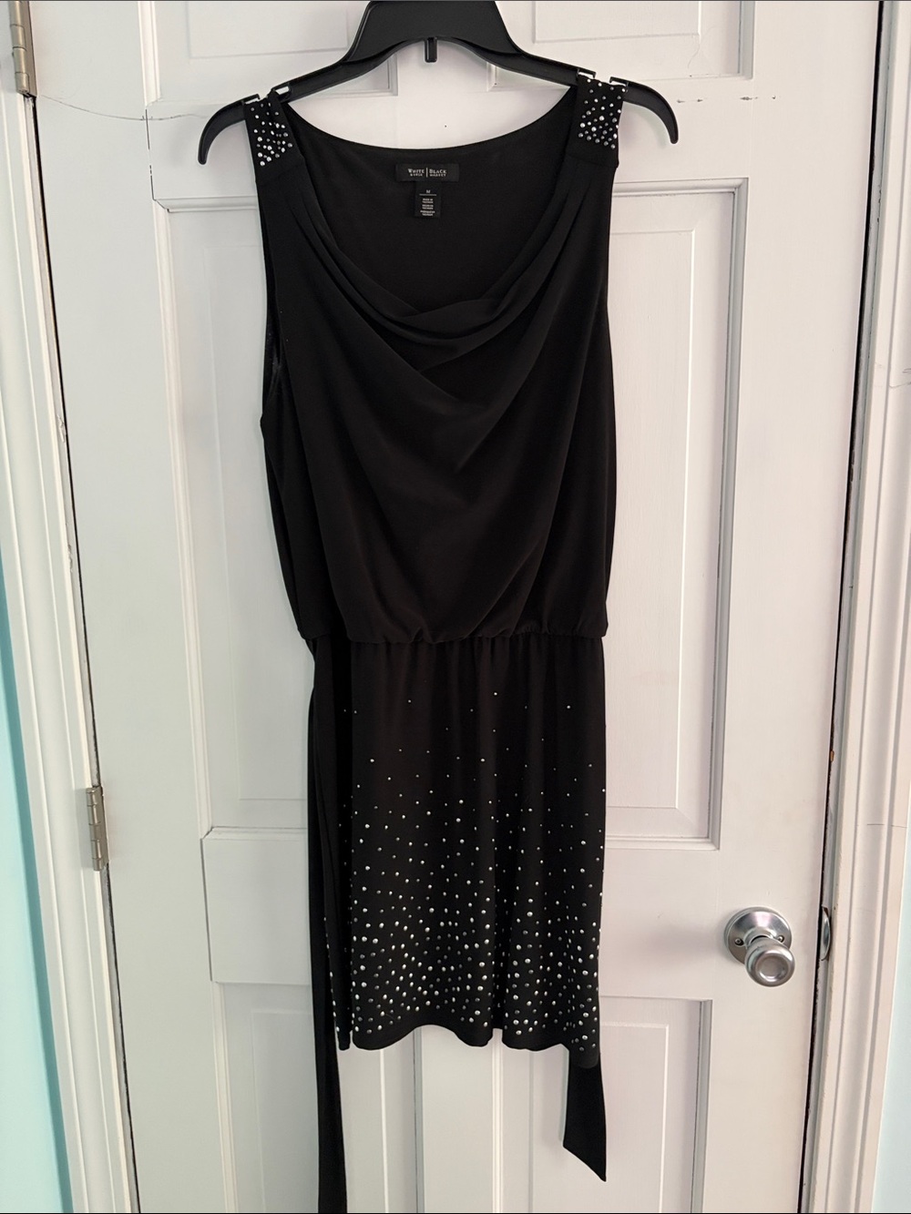 White House Black Market Black Sleeveless Draped Mini Dress with Stud Accents